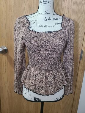 Urban Romantics Leopard Print Polka Dot Smocked Long Sleeve Peplum Top